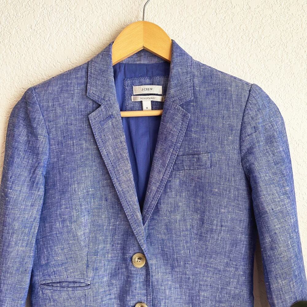 J Crew Womens School Boy Linen Blazer Size 0 Blue Preppy Coastal Old Money Work - Picture 2 of 8